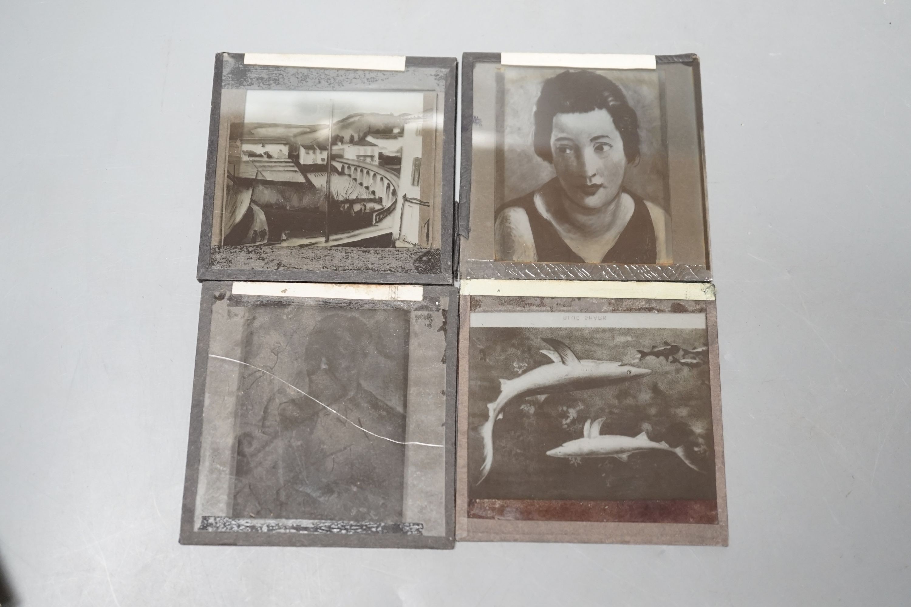 A collection of glass plate photographic slides, famous early 20th century painters etc